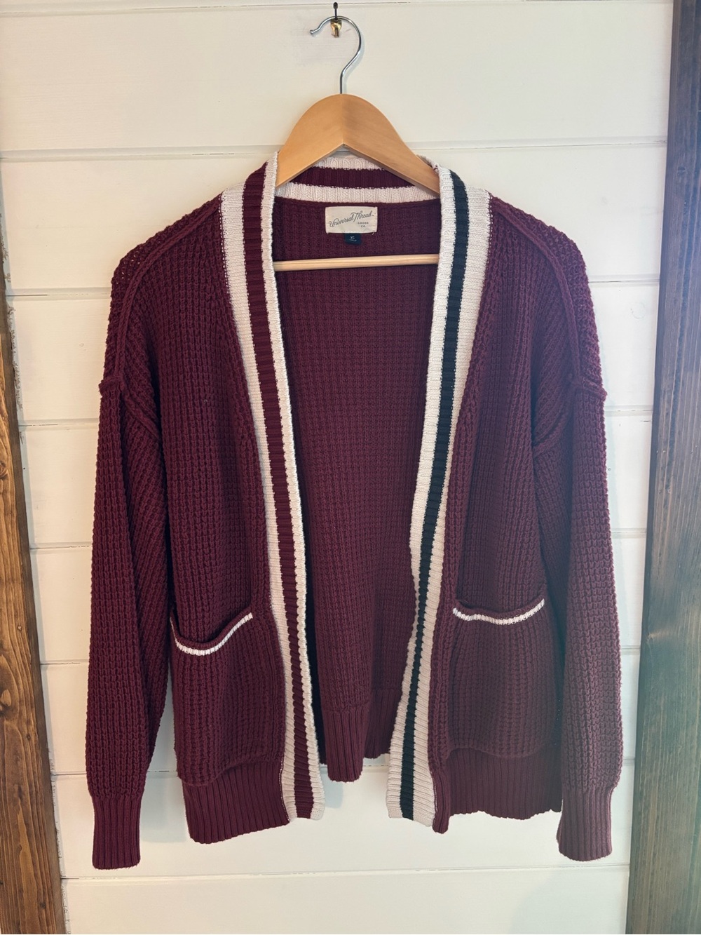 Maroon Open-Front Knit Cardigan with Contrast Trim 100% Cotton